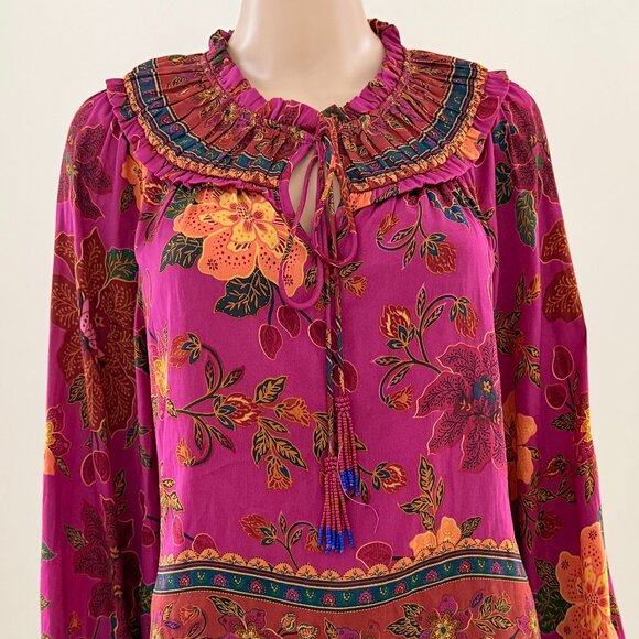 Rachel Zoe Women's Sz M Fuchsia Floral Blouse Rushed Neck Long Sleeves - NWOT - Picture 3 of 9